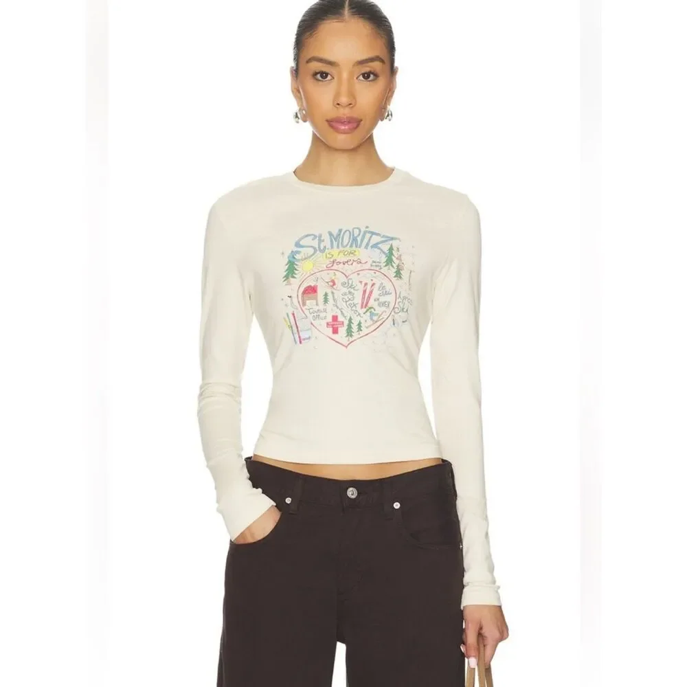 St. Moritz Is For Lovers Vintage Long SleeveTee in Dirty White DAYDREAMER XS